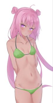1girl ahoge arms_behind_back bare_shoulders bemani bikini blush breasts closed_mouth collarbone commentary_request cowboy_shot cropped_legs double_bun grace_(sound_voltex) grace_(yumebuki)_(sound_voltex) green_bikini hair_between_eyes hair_bun highres kowaku long_hair looking_at_viewer navel pink_hair purple_eyes sidelocks small_breasts solo sound_voltex standing stomach string_bikini swimsuit two-tone_background very_long_hair white_background