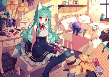 1girl alarm_clock animal_ears aqua_hair aqua_nails bed bedroom blush bow bowtie braid cactus candy clock commentary_request commission cosmetics cup curtains detached_collar dot_nose fang flower folded_umbrella food fox_ears fox_girl fox_tail frills hair_bow hair_brush hair_intakes half_up_braid hat hat_bow high-waist_skirt highres indoors lamp lipstick_tube long_hair mirror mug original pantyhose pillow plant potted_plant purple_bow purple_hat red_eyes reflection rose rug shelf sitting skeb_commission skin_fang skirt slippers solo stuffed_animal stuffed_toy suitcase table tail teddy_bear umbrella umesaka_huru unworn_hat unworn_headwear unworn_slippers vanity_table white_flower white_rose wooden_floor wrapped_candy wrist_cuffs