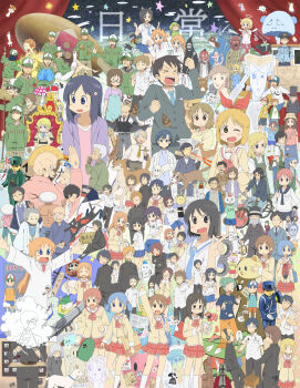 >_< 6+boys 6+girls =_= ^_^ absurdres afro aioi_yuuko animal_ears barefoot baseball_uniform blonde_hair blue_eyes blue_neckwear blush cat_ears character_request closed_eyes closed_mouth copyright_name deer egg everyone faceless faceless_male facing_viewer frying_pan glasses goat green_hat hat headphones highres hiroki_eiki holding holding_knife knife long_hair looking_at_another looking_at_viewer looking_away minakami_mai mohawk multiple_boys multiple_girls naganohara_mio necktie nichijou official_style open_mouth orange_hair parted_lips pointy_ears professor_shinonome red_neckwear rocket_launcher sakamoto_(nichijou) salmon semi-rimless_eyewear shinonome_nano sitting ski_mask smile sportswear tagme throne weapon