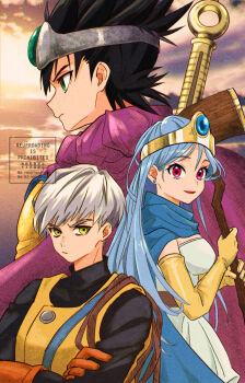 Rule 34 | 1girl, 2boys, black hair, black shirt, blue cape, blue gem, blue hair, brown gloves, cape, circlet, commentary request, crossed arms, dragon quest, dragon quest iii, dress, earrings, film grain, gem, gloves, gold circlet, green eyes, green gem, hero (dq3), highres, holding, holding staff, jewelry, kooda, long hair, looking ahead, looking at viewer, multiple boys, open mouth, partial commentary, profile, purple cape, red eyes, roto (dq3), sage (dq3), shirt, short hair, silver circlet, spiked hair, staff, strapless, strapless dress, stud earrings, thief (dq3), vest, white dress, white hair, yellow eyes, yellow gloves, yellow vest