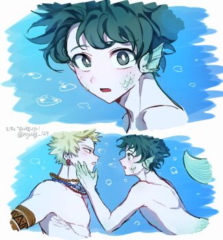 Rule 34 | 2boys, air bubble, armband, bakugou katsuki, bead necklace, beads, blonde hair, blue background, boku no hero academia, border, bubble, commentary request, earrings, fins, fish tail, freckles, green eyes, green hair, hand on another's cheek, hand on another's face, head fins, highres, jewelry, korean commentary, merman, midoriya izuku, monster boy, multiple boys, multiple necklaces, myalg 129, necklace, parted lips, red eyes, scales, short hair, spiked hair, tail, topless male, twitter username, underwater, upper body, webbed hands, white border, yaoi