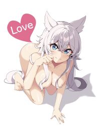 Rule 34 | 1girl, animal ears, ass, blue eyes, breasts, completely nude, english text, eyebrows hidden by hair, fenrys, full body, hair between eyes, hair censor, hair over breasts, heart, highres, kneeling, large breasts, light blush, long hair, looking at viewer, lv2 kara cheat datta moto yuusha kouho no mattari isekai life, nude, paw pose, ray (rays 26), shadow, smile, solo, toes, very long hair, white hair, wolf ears