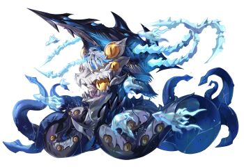 1girl absurdres black_skin blue_eyes blue_skin colored_skin extra_eyes full_body highres holding holding_polearm holding_weapon jellyfish long_hair monster_girl multicolored_skin octopus original polearm scylla slit_pupils solo squid tentacles trident veins very_long_hair weapon white_background white_hair white_skin yellow_eyes zhu_fun