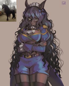 1girl animal_ears arms_under_breasts ascot belt belt_buckle black_belt black_hair blue_bow blue_jacket blue_shorts bow breasts buckle cleavage cleavage_cutout clothing_cutout commentary crossed_arms dark-skinned_female dark_skin english_commentary epaulettes evanleaves friesian_horse_girl frilled_sleeves frills garter_straps green_eyes hair_between_eyes hair_bow headdress highres horse_ears horse_girl jacket juliet_sleeves large_breasts long_hair long_sleeves looking_at_viewer midriff_peek puffy_sleeves serious shorts simple_background solo thighhighs umamusume very_dark_skin very_long_hair wavy_hair white_ascot