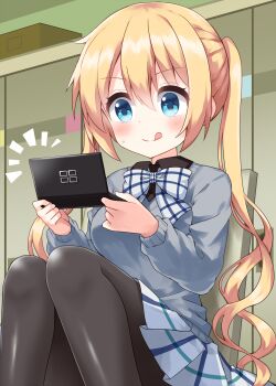 1girl :q black_pantyhose blend_s blonde_hair blue_eyes blue_sweater blush bow bowtie closed_mouth commentary_request handheld_game_console highres hinata_kaho holding holding_handheld_game_console knees_up long_hair long_sleeves nintendo_3ds pantyhose plaid_bow plaid_bowtie plaid_clothes plaid_skirt playing_games pleated_skirt ruu_(tksymkw) sitting skirt smile solo sweater tongue tongue_out twintails white_bow white_bowtie white_skirt