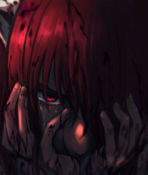 1girl angry blood blood_in_hair blood_on_face blood_on_hands commentary_request crying elfen_lied fingernails hands_on_own_face highres horns long_hair looking_at_viewer lucy_(elfen_lied) nikuman_(samara) one_eye_covered red_eyes red_hair solo
