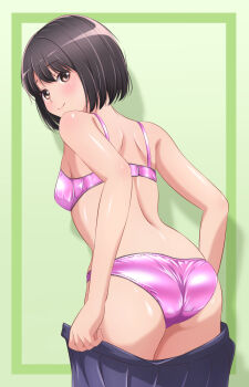 1girl akippoi_0919 ass back black_eyes black_hair blue_skirt bra breasts closed_mouth clothes_pull commentary crotch_seam from_behind green_background highres lace lace-trimmed_bra lace-trimmed_panties lace_trim leaning_forward looking_at_viewer looking_back no_shirt open_clothes open_skirt original panties pink_bra pink_panties pleated_skirt pulling_own_clothes shiny_clothes short_hair skirt skirt_pull small_breasts smile solo standing underwear undressing