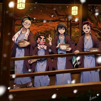 Rule 34 | 4boys, aqua eyes, aqua hair, bath yukata, black hair, blue kimono, bucket, earrings, egasumi, facial mark, facial scar, forehead mark, full body, hana ni nare, hanafuda earrings, hanten (clothes), highres, holding, holding bucket, hyottoko mask, japanese clothes, jewelry, kamado tanjirou, kimetsu no yaiba, kimono, kotetsu (kimetsu no yaiba), long hair, male focus, mask, mohawk, multicolored hair, multiple boys, open mouth, pointing, pointing up, red eyes, red hair, sandals, scar, scar on cheek, scar on face, scar on nose, shinazugawa genya, signature, snow, snowing, striped clothes, striped kimono, tokitou muichirou, towel, towel around neck, tree, vertical-striped clothes, vertical-striped kimono, walking, wooden bucket, yukata