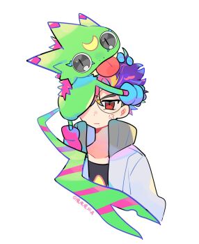 1boy anger_vein cropped_torso digimon digimon_(creature) digimon_beatbreak face_hug gekkomon grey_eyes grey_jacket highres jacket looking_at_viewer mar22826683 open_clothes open_jacket purple_hair red_eyes round_eyewear simple_background slit_pupils tail tenma_tomoro tongue tongue_out twitter_username white_background