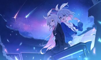 2girls arona_(blue_archive) black_pantyhose black_sailor_collar blue_archive blue_hair blue_halo blue_sailor_collar breasts commentary_request desk hairband halo highres kakutasu long_hair multiple_girls pantyhose pink_halo plana_(blue_archive) sailor_collar school_desk shooting_star skirt sky small_breasts smile star_(sky) starry_sky white_hair white_hairband white_skirt