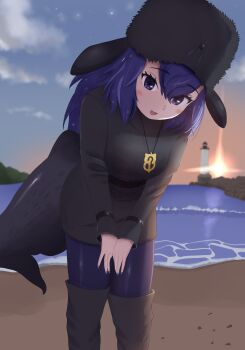 1girl absurdres anchor_necklace beach belt bent_over black_belt black_boots black_hat black_skirt black_sweater blue_eyes blue_hair blue_nails blue_pantyhose blush boots cetacean_tail fins fish_tail hair_between_eyes harusan_adelie hat head_fins highres japari_symbol jewelry kemono_friends kemono_friends_3 lighthouse long_hair long_sleeves looking_at_viewer nail_polish necklace pantyhose pencil_skirt sidelocks skirt solo sperm_whale_(kemono_friends) sunset sweater tail thigh_boots turtleneck turtleneck_sweater ushanka whale_girl