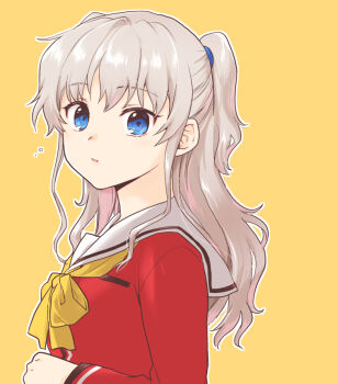 Rule 34 | 1girl, blue eyes, charlotte (anime), grey hair, hoshinoumi academy school uniform, long sleeves, looking at viewer, misaki juri, neckerchief, orange background, sailor collar, sailor shirt, school uniform, serafuku, shirt, solo, tomori nao, two side up, upper body, white sailor collar, winter uniform, yellow neckerchief
