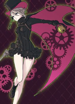 Rule 34 | 1girl, absurdres, ange (princess principal), bare legs, black gloves, black hat, black leotard, black shoes, cape, cavorite ball, frilled skirt, frills, fur trim, gears, gloves, grey hair, gun, hat, highres, holding, holding gun, holding weapon, leotard, long sleeves, miniskirt, princess principal, shoes, skirt, solo, standing, top hat, ushiyama ame, weapon