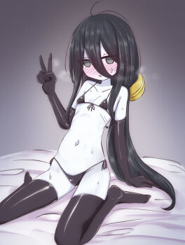 1girl bikini black_bikini black_hair black_thighhighs blush chabatake_yunomi chuugoku_usagi commentary_request elbow_gloves flat_chest gloves grey_eyes highres long_hair looking_at_viewer micro_bikini open_mouth pale_skin sitting solo steaming_body sweat swimsuit thighhighs v very_long_hair voicevox wariza