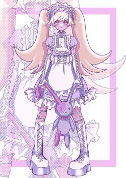 1girl absurdres apron arms_at_sides bib_collar blonde_hair blush_stickers boots bright_pupils center_frills chin_strap closed_mouth collared_dress cross-laced_clothes cross-laced_gloves dot_nose dress elbow_gloves expressionless flipped_hair frilled_dress frilled_hairband frilled_sleeves frills garter_belt gloves hair_flaps hairband high_collar highres holding holding_stuffed_toy lace-up_boots lolita_fashion lolita_hairband long_hair looking_at_viewer monogatari_(series) oshino_shinobu pantyhose partially_fingerless_gloves pigeon-toed platform_boots polka_dot polka_dot_background puffy_short_sleeves puffy_sleeves purple_dress purple_hairband purple_pantyhose s0ul20 short_sleeves solo straight-on stuffed_animal stuffed_rabbit stuffed_toy swept_bangs thigh_strap twintails very_long_hair waist_apron white_apron white_background white_boots white_gloves white_pupils yellow_eyes zoom_layer