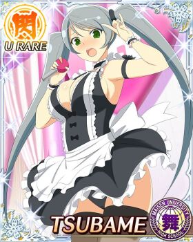 1girl :o \n/ apron black_dress black_panties black_thighhighs blush border breasts card_(medium) character_name choker cleavage dress frilled_choker frilled_dress frills game_cg green_eyes grey_hair large_breasts long_hair looking_at_viewer microphone official_art panties senran_kagura senran_kagura_new_wave sideboob solo standing swept_bangs teeth thighhighs third-party_source tsubame_(senran_kagura) twintails underwear upper_teeth_only very_long_hair waist_apron white_apron