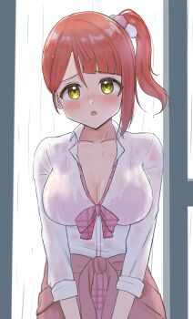 1girl absurdres blunt_bangs blush bow bowtie bra bra_visible_through_clothes breasts cardigan cardigan_around_waist cleavage clothes_around_waist collarbone commentary_request cowboy_shot d: gyaru gyarugasaki hair_bobbles hair_ornament highres kogal large_breasts looking_at_viewer loose_bowtie love_live! love_live!_nijigasaki_high_school_idol_club nose_blush open_mouth orange_hair panaham pink_bow pink_bowtie pink_bra pink_cardigan pink_skirt plaid_bow plaid_bowtie plaid_clothes plaid_skirt rain see-through_clothes short_hair side_ponytail skirt solo swept_bangs uehara_ayumu underwear wet wet_clothes yellow_eyes