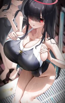 2girls absurdres barefoot black_hair black_one-piece_swimsuit blue_archive blush breast_envy breasts cleavage drain_(object) grabbing_own_breast halo highres huge_breasts indoors justice_task_force_member_(blue_archive) long_hair looking_at_another looking_at_viewer multiple_girls nicorima one-piece_swimsuit open_mouth pout red_eyes red_halo school_swimsuit small_breasts swimsuit water
