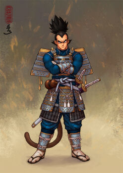 1boy alternate_costume arm_armor armor artist_name black_eyes black_hair blue_pants blue_shirt closed_mouth crossed_arms dragon_ball dragon_ball_super dragonball_z facing_viewer full_body furrowed_brow gloves gourd haidate japanese_armor japanese_clothes kenji893 kote kusazuri leg_armor looking_at_viewer male_focus monkey_tail pants pants_tucked_in saiyan samurai sandals sash sheath sheathed shirt shoulder_armor simple_background sode solo spiked_hair suneate sword tabi tail tassel topknot vegeta waraji weapon widow's_peak