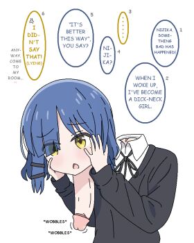 1girl black_jacket blue_hair bocchi_the_rock! dickneck disembodied_head dullahan english_text hair_ornament hairclip hands_on_own_cheeks hands_on_own_face jacket jbxpism misplaced_genitals penis_neck shirt simple_background solo speech_bubble uncensored what white_background white_shirt yamada_ryo yellow_eyes