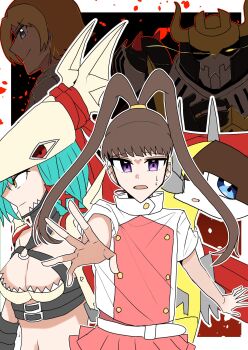 Rule 34 | amano nene (digimon xros wars), amano yuu (digimon), armor, braid, breasts, darkknightmon, digimon, digimon (creature), digimon xros wars, hair ornament, hairclip, helmet, highres, long hair, mervamon, ponytail, sparrowmon, split ponytail