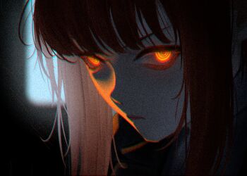 1girl absurdres blurry blurry_background chainsaw_man commentary english_commentary expressionless glowing glowing_eyes highres looking_at_viewer makima_(chainsaw_man) orange_eyes orianareii red_hair ringed_eyes sidelocks solo