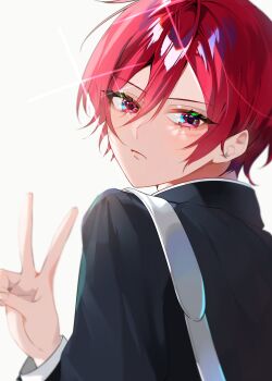 Rule 34 | 1boy, aged down, bag, blue lock, chigiri hyoma, closed mouth, commentary request, duffel bag, from behind, gakuran, highres, looking at viewer, looking back, male focus, red eyes, red hair, school uniform, short hair, simple background, solo, v, white background, xe5m38