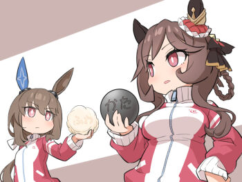 2girls admire_vega_(umamusume) animal_ears blush braid braided_hair_rings breasts brown_hair closed_mouth commentary_request ear_covers ear_ornament fluffy gentildonna_(umamusume) hair_between_eyes hair_ornament hair_rings heart-shaped_ornament heart_ear_ornament holding horse_ears horse_girl jacket large_breasts long_hair long_sleeves low_ponytail metal_ball multiple_girls nino_(ninouchi_irazu) open_mouth parted_lips ponytail purple_eyes red_eyes red_jacket red_track_suit single_ear_cover small_breasts strong tracen_training_uniform track_jacket track_suit umamusume upper_body