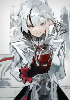 absurdres alcohol arlecchino_(genshin_impact) black_eyes black_hair black_hands coat colored_extremities crimson_moon&#039;s_semblance_(genshin_impact) cup drinking_glass fur-trimmed_coat fur_trim genshin_impact highres holding holding_cup looking_at_viewer multicolored_hair owlwy_(owl_roi) red_pupils red_wine smile streaked_hair symbol-shaped_pupils two-tone_hair white_coat white_hair wine wine_glass x-shaped_pupils