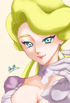 1girl absurdres apau8285 blonde_hair blue_eyes breasts choker cleavage collarbone commentary_request dress glacia_(pokemon) gloves highres large_breasts low-cut mature_female nintendo pink_lips pokemon pokemon_oras puffy_sleeves purple_dress quad_tails smile tsurime upper_body white_choker white_gloves