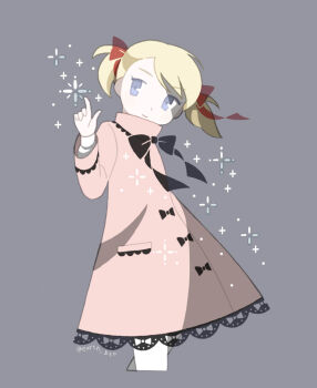 Rule 34 | 1girl, ana (mother), black ribbon, blonde hair, blue eyes, casting spell, closed mouth, coat dress, commentary request, cropped legs, dress, grey background, hair ribbon, index finger raised, mother (series), mother 1, nintendo, pink dress, ribbon, short hair, simple background, smile, solo, tanba (tanba-art)