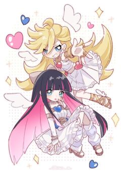 Rule 34 | 2girls, :o, black hair, blonde hair, blue eyes, blunt bangs, bridal gauntlets, brown sandals, colored inner hair, commentary, dress, full body, grin, hair between eyes, hand up, heart, highres, long hair, looking at viewer, multicolored hair, multiple girls, open mouth, panty &amp; stocking with garterbelt, panty (psg), pink hair, sandals, simple background, sleeveless, sleeveless dress, smile, sparkle, stocking (psg), streaked hair, white background, white bridal gauntlets, white dress, yukomeow