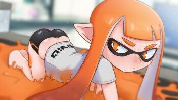 1girl 2023 :/ all_fours arched_back ass back bare_legs barefoot bike_shorts blurry blurry_background eyebrows eyeshadow feet female_focus furry greatm8 highres inkling inkling_girl inkling_player_character legs light_blush loli looking_at_another looking_to_the_side makeup nintendo orange_eyes orange_eyeshadow orange_hair paint pointy_ears shirt short_shorts shorts skin_tight solo splatoon_(series) squid squid_girl tentacle_hair tentacles