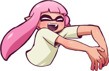 1girl blush closed_eyes eye_mask inkling inkling_girl inkling_player_character mask mike_inel nintendo open_mouth pink_hair pointy_ears shirt smile splatoon_(series) teeth transparent_background upper_teeth_only