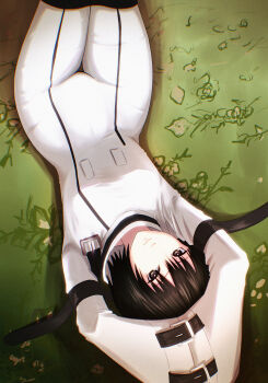 1girl absurdres amagami arms_up black_eyes black_hair bodysuit c.c. c.c._(cosplay) closed_mouth code_geass commentary cosplay feet_out_of_frame grass highres looking_at_viewer lying nanasaki_ai on_back on_grass oshizu short_hair sleeves_past_fingers sleeves_past_wrists solo thighs voice_actor_connection white_bodysuit yukana