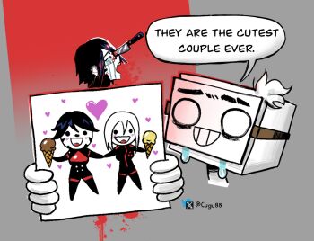 1other 2girls :d android ariane_yeong artist_self-insert babe_please_stop_(meme) black_bodysuit black_eyes black_hair blood bloody_knife blush bodysuit commentary crying crying_asagiri_aya_(meme) cugu00 elster_(signalis) english_commentary english_text food heart highres holding_hands ice_cream knife mask meme multiple_girls open_mouth signalis smile stab tears twitter twitter_username white_hair yuri