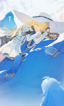 1girl absurdres black_gloves blonde_hair book book_stack closed_eyes commentary_request gloves hairband hands_up hat highres jiuzaiqianjitian long_hair long_sleeves lying nimbus_wraith_(wuthering_waves) on_side pantyhose phoebe_(wuthering_waves) shirt skirt sleeping tacet_discord_(wuthering_waves) white_hairband white_hat white_pantyhose white_shirt white_skirt wuthering_waves