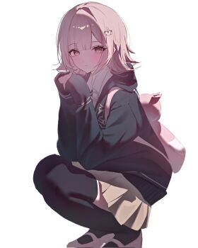 1girl animal_bag breasts brown_hair cat_bag collared_shirt danganronpa_(series) danganronpa_2:_goodbye_despair dodong-i flipped_hair hair_ornament highres jacket long_sleeves looking_at_viewer medium_hair nanami_chiaki neck_ribbon open_clothes open_jacket pink_bag pink_eyes pink_ribbon pleated_skirt ribbon shirt skirt solo thighhighs white_shirt