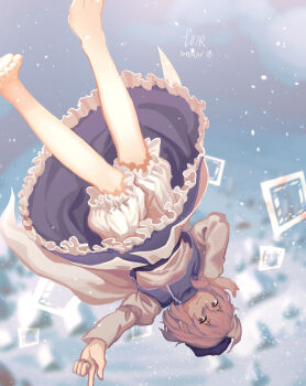 1girl artist_name barefoot bloomers blue_dress blue_hat dated dress floating frilled_dress frills furahata_gen grey_eyes grey_hair hand_on_own_head hat highres letty_whiterock long_sleeves looking_at_viewer pointing shirt short_hair snow snowing solo tagme touhou underwear upside-down white_shirt