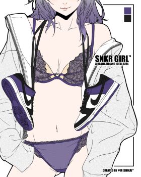 1girl artist_name bambi_surprise black_shoes bra breasts commentary english_commentary eyes_out_of_frame head_out_of_frame highres jacket looking_at_viewer medium_breasts multicolored_shoes navel open_clothes open_jacket original panties purple_bra purple_hair purple_panties purple_shoes shoes sleeves_past_fingers sleeves_past_wrists sneakers solo stomach underwear unworn_shoes white_jacket white_shoes