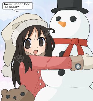 1girl :d azumanga_daiou bear brown_eyes brown_hair buttons carrot coal coat hat highres hugging_object kasuga_ayumu long_hair looking_at_viewer mittens nightcap open_mouth pink_coat red_scarf scarf smile snowman speech_bubble thea_(w_alladoo) top_hat winter