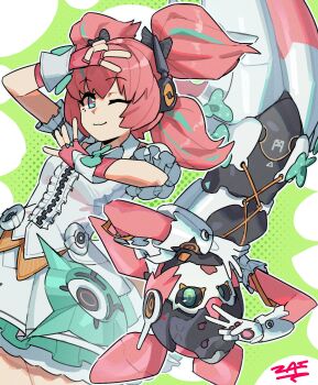 2girls absurdres aqua_hair aqua_streaks black_bow black_sclera blue_eyes bow breasts center_frills closed_mouth colored_sclera commentary cowboy_shot dress dual_persona english_commentary fingerless_gloves frilled_sleeves frills gloves green_background green_bow green_eyes hair_bow highres humanoid_robot layered_dress looking_at_viewer multicolored_hair multiple_girls one_eye_closed pink_gloves pink_hair polka_dot polka_dot_bow robot robot_girl small_breasts smile streaked_hair two-tone_background upside-down v v_over_head white_background white_dress yutane_johiel zaigrandeu zenless_zone_zero