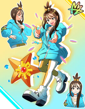 1girl :t absurdres blue_hoodie brown_eyes brown_hair closed_mouth commentary_request double_finger_gun eyelashes finger_gun gen_1_pokemon highres hood hood_down hoodie leggings lida_(pokemon) long_hair long_sleeves multiple_views nintendo open_mouth pokemon pokemon_(creature) pokemon_legends:_z-a print_shirt ribbed_socks ruto._(vnaf3373) shirt shoes socks staryu teeth tongue topknot upper_teeth_only white_shoes white_socks zipper_pull_tab