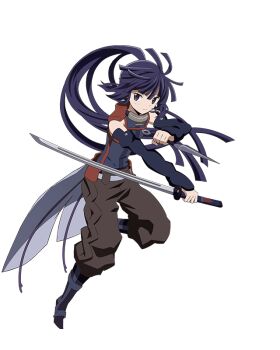 Rule 34 | 1girl, akatsuki (log horizon), brown pants, detached sleeves, female focus, floating hair, full body, holding, holding knife, holding sword, holding weapon, katana, knife, kunai, leg up, log horizon, log horizon new adventure land, long hair, official art, pants, ponytail, purple eyes, purple hair, solo, sword, transparent background, very long hair, weapon