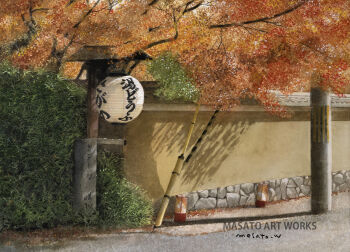 Rule 34 | artist name, commentary request, day, hedge, kyoto, lantern, no humans, original, outdoors, painting (medium), paper lantern, scenery, signature, traditional media, tree, watanabe masato, watercolor (medium)