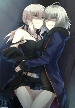 2girls against_wall ahoge anger_vein angry artoria_pendragon_(fate) bare_legs bare_shoulders black_jacket black_tank_top blonde_hair blue_coat braid breast_press breasts clenched_teeth coat collarbone cowboy_shot cross cross_necklace dark_persona denim denim_shorts eye_contact false_smile fate/apocrypha fate/grand_order fate_(series) female_focus french_braid glowing glowing_eyes grin hair_between_eyes headpiece hug jacket jeanne_d&#039;arc_(fate) jeanne_d&#039;arc_(ruler)_(fate) jeanne_d&#039;arc_alter_(avenger)_(fate) jeanne_d&#039;arc_alter_(fate) jeanne_d&#039;arc_alter_(ver._shinjuku_1999)_(fate) jewelry legs long_hair looking_at_another medium_breasts multiple_girls neck necklace official_alternate_costume ponytail saber_(fate) saber_alter saber_alter_(ver._shinjuku_1999) saber_alter_(ver._shinjuku_1999)_(fate) shaded_face short_hair short_shorts shorts silver_hair smile somechime_(sometime1209) standing strap_slip sweat symmetrical_docking tank_top teeth thighs type-moon yellow_eyes yuri