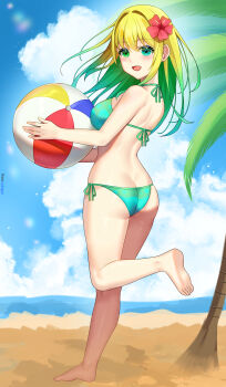 Rule 34 | 1girl, :d, absurdres, ass, ball, bare legs, bare shoulders, barefoot, beach, beachball, bikini, bikini bottom only, blonde hair, blue sky, blush, breasts, butt crack, cloud, day, feet, flower, from behind, full body, gradient hair, green bikini, green eyes, green hair, green swimsuit, hair flower, hair intakes, hair ornament, halterneck, heterochromia, hibiscus, highres, holding, holding ball, holding beachball, large breasts, leg up, legs, long hair, looking at viewer, looking back, lori hagami, medium breasts, multicolored hair, ocean, open mouth, original, outdoors, palm tree, red flower, sand, side-tie bikini bottom, side-tie clothing, side-tie swimsuit, sky, smile, soles, solo, standing, standing on one leg, string bikini, swimsuit, toes, tree, two-tone hair
