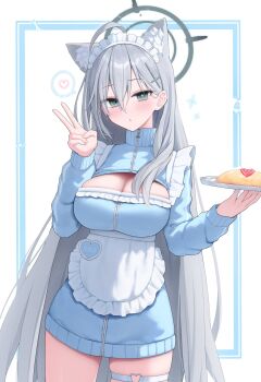 1girl :o ahoge animal_ear_fluff animal_ears apron blue_archive blue_eyes blue_halo blue_jacket blush breasts broken_halo cleavage cleavage_cutout clothing_cutout food grey_hair grey_halo hair_between_eyes halo heart heart_o-ring heterochromia highres holding holding_plate honyuuruinomoto jacket jersey_maid large_breasts long_hair maid maid_apron maid_headdress multicolored_halo o-ring o-ring_thigh_strap omelet omurice plate shiroko_terror_(blue_archive) solo thigh_strap thighs two-tone_halo unconventional_maid v very_long_hair wolf_ears