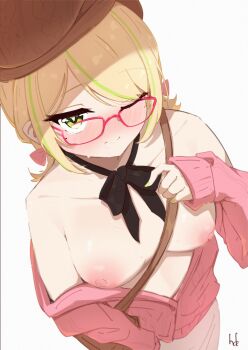 1girl absurdres artist_name bag bare_shoulders beret blonde_hair blush breasts cardigan commentary english_commentary eyelashes fuzuki_miki fuzuki_miki_(2nd_costume) glasses green_eyes green_hair green_nails handbag hat hdukl highres indie_virtual_youtuber looking_at_viewer medium_breasts medium_hair mole mole_under_eye multicolored_hair nearly_naked_sweater nipples off_shoulder one_eye_closed open_cardigan open_clothes pink-framed_eyewear pink_cardigan pursed_lips short_twintails signature simple_background sleeves_past_wrists solo streaked_hair sweatdrop twintails virtual_youtuber white_background