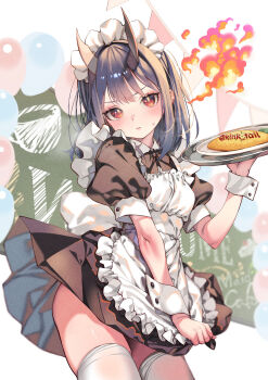 1girl aoki_ruri apron blue_hair breasts breath_weapon breathing_fire brown_eyes dragon_girl dragon_horns fire food hair_between_eyes highres horns kink_(tortoiseshell) maid maid_apron maid_headdress medium_hair omelet omurice ruridragon simple_background small_breasts thighhighs white_background white_thighhighs wrist_cuffs